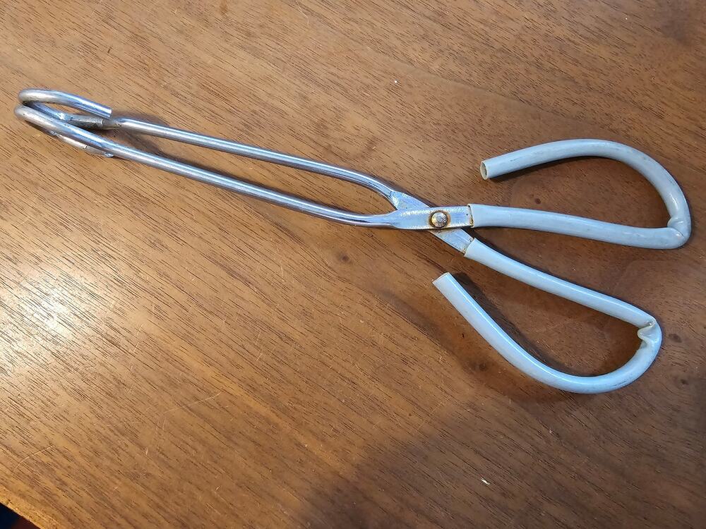 Vintage Light Blue/Grey Rubber Handle 10" Stainless Steel Tongs